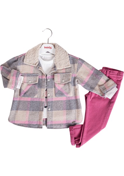 DÜĞMELİ HIRKALI JEANS PANTOLONLU 3'LÜ KIZ TAKIM