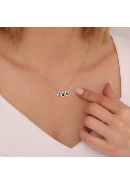 925 Ayar Gümüş Üç Renkli Damla Taşlı Kolye