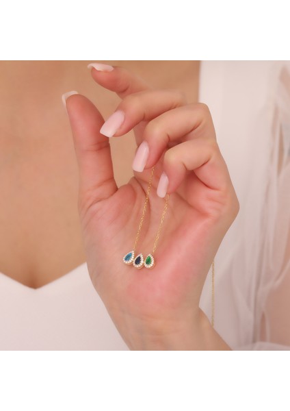 925 Ayar Gümüş Üç Renkli Damla Taşlı Kolye fiyatları