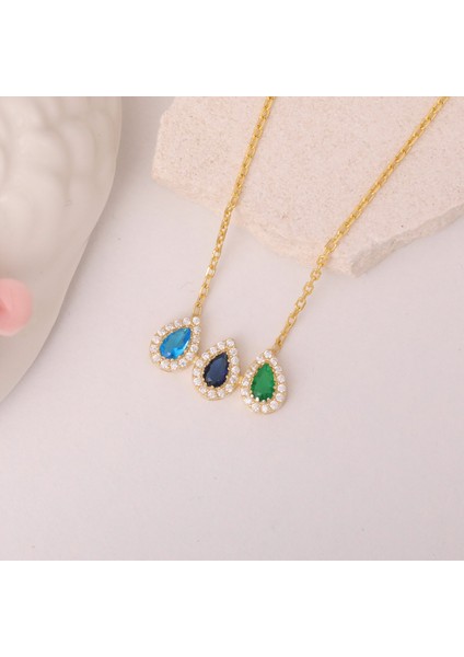 925 Ayar Gümüş Üç Renkli Damla Taşlı Kolye modelleri