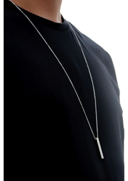 Unisex Cubuk Bar Sade Kolye Silver