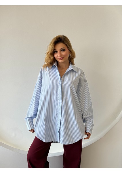 Oversize Arkası Uzun Mavi Beyaz Çizgili Gömlek indirimleri