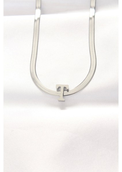 316L Çelik T Harfli Silver Renk Italyan Zincirli Kolye