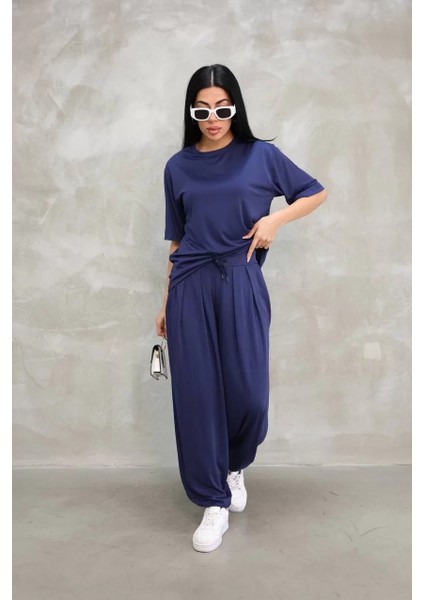 Osy Modal Yumuşak Dokulu Kumaş Oversize Bisiklet Yaka T-Shirt Jogger Eşofman Altı Eşofman Takımı - Lacivert