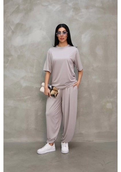 Osy Modal Yumuşak Dokulu Kumaş Oversize Bisiklet Yaka T-Shirt Jogger Eşofman Altı Eşofman Takımı - Gri