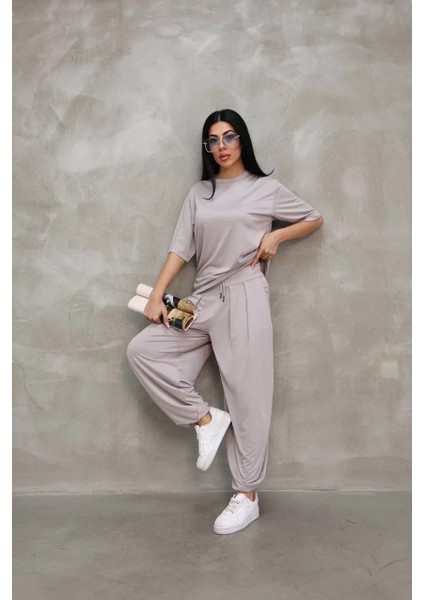Osy Modal Yumuşak Dokulu Kumaş Oversize Bisiklet Yaka T-Shirt Jogger Eşofman Altı Eşofman Takımı - Gri modelleri