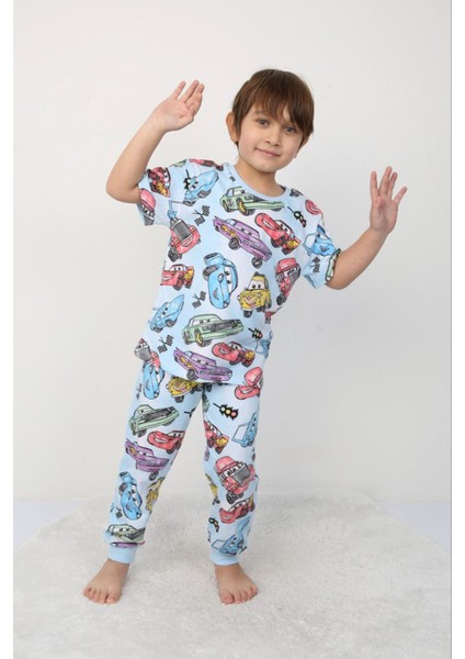 Isob Mavi Araba Desenli %100 Pamuk Erkek Çocuk Kısa Kollu Pijama Takımı 3-8 Yaş 41315-M
