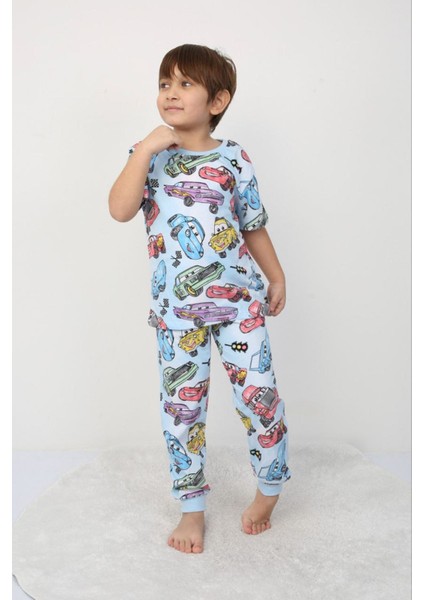 Isob Mavi Araba Desenli %100 Pamuk Erkek Çocuk Kısa Kollu Pijama Takımı 3-8 Yaş 41315-M