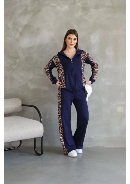 Osy Modal Yumuşak Dokulu Kumaş Kapüşonlu Leopar Desenli Fermuarlı Takım - Lacivert modelleri