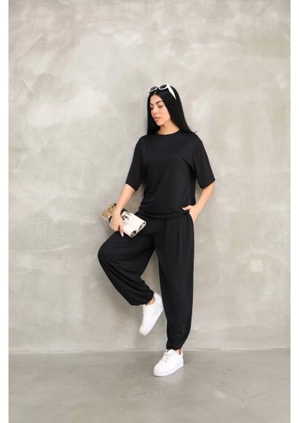 Osy Modal Yumuşak Dokulu Kumaş Oversize Bisiklet Yaka T-Shirt Jogger Eşofman Altı Eşofman Takımı - Siyah