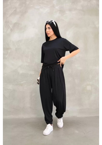 Osy Modal Yumuşak Dokulu Kumaş Oversize Bisiklet Yaka T-Shirt Jogger Eşofman Altı Eşofman Takımı - Siyah