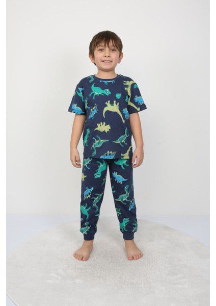 Isob Yeşil Dinozor Desenli %100 Pamuk Erkek Çocuk Kısa Kollu Pijama Takımı 3-8 Yaş 41312-Y