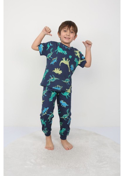Isob Yeşil Dinozor Desenli %100 Pamuk Erkek Çocuk Kısa Kollu Pijama Takımı 3-8 Yaş 41312-Y
