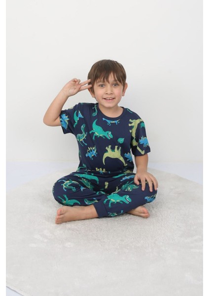 Isob Yeşil Dinozor Desenli %100 Pamuk Erkek Çocuk Kısa Kollu Pijama Takımı 3-8 Yaş 41312-Y