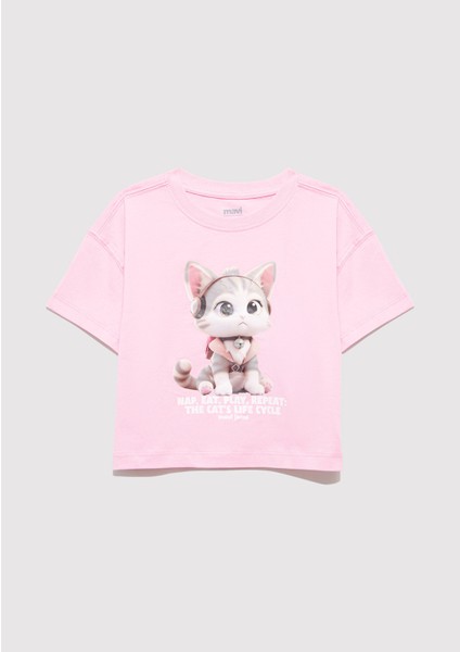 Kedi Baskılı Pembe Crop Tişört 7610281-70973