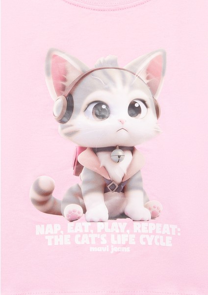 Kedi Baskılı Pembe Crop Tişört 7610281-70973