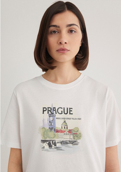 Prague Baskılı Beyaz Tişört 1613059-70057