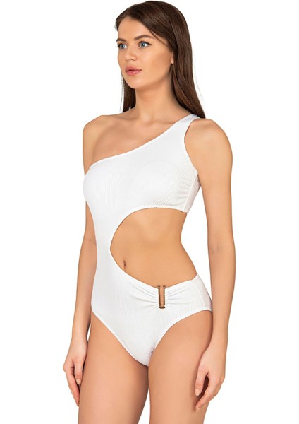 Kadın Beyaz Dokulu Mayokini Aksesuarlı UV Koruma Özellikli Tam Kalıp modelleri