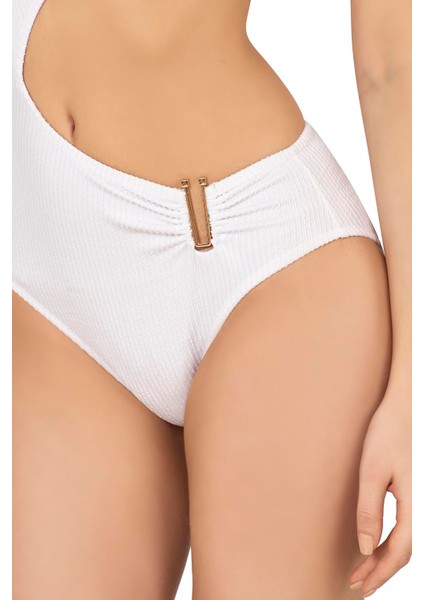 Kadın Beyaz Dokulu Mayokini Aksesuarlı UV Koruma Özellikli Tam Kalıp fırsatları