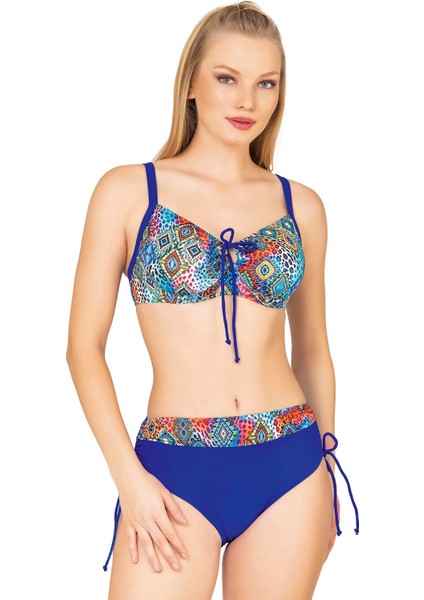Kadın Büyük Beden Balenli Destekli Geometrik Desenli Bikini Takımı