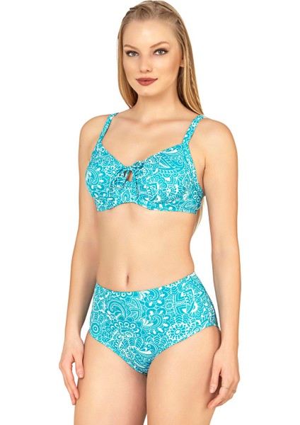 Kadın Balenli Destekli Şal Desen Yüksek Bel Bikini Takımı