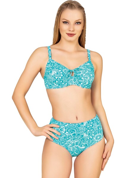 Kadın Balenli Destekli Şal Desen Yüksek Bel Bikini Takımı
