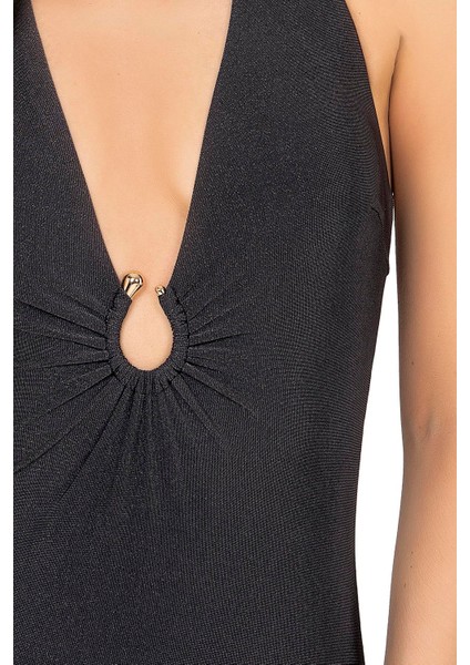 Kadın Aksesuarlı V Yaka Siyah Mayo fırsatları