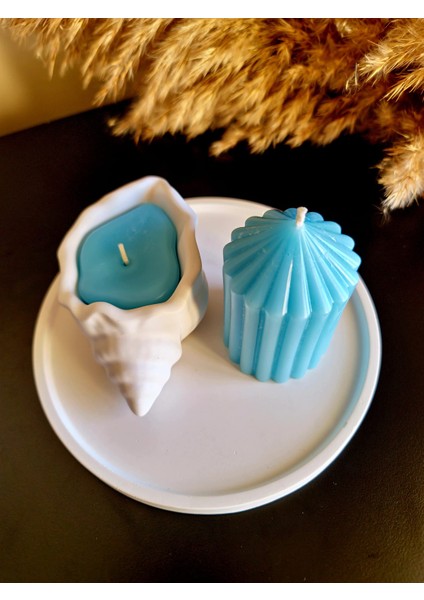 3'lü Set (16 cm Sunum Tepsisi 2 Mum) Mavi-Beyaz