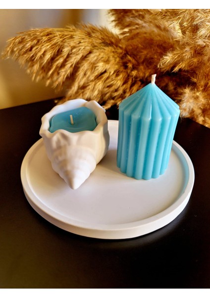 3'lü Set (16 cm Sunum Tepsisi 2 Mum) Mavi-Beyaz