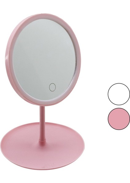 Yuvarlak 7 Inç Ledli - Usb Şarjlı Makyaj Aynası 90°Takılık Sepetli Ayak Renkli Plastik 17.5cm