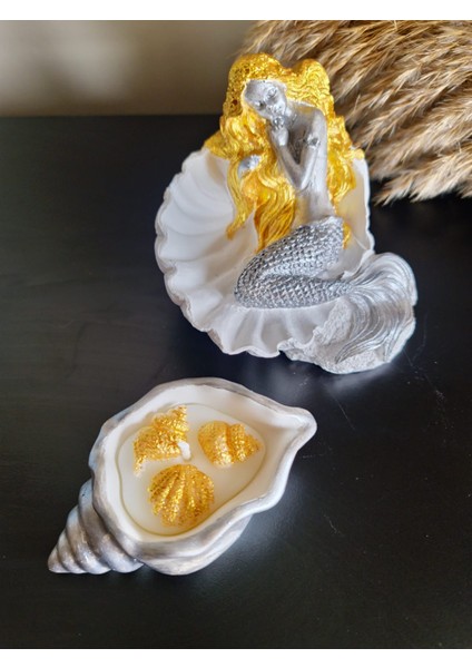 12 cm Dekoratif Deniz Kızı Obje + Deniz Kabuğu Mum (Parlak Detaylarıyla) fiyatları