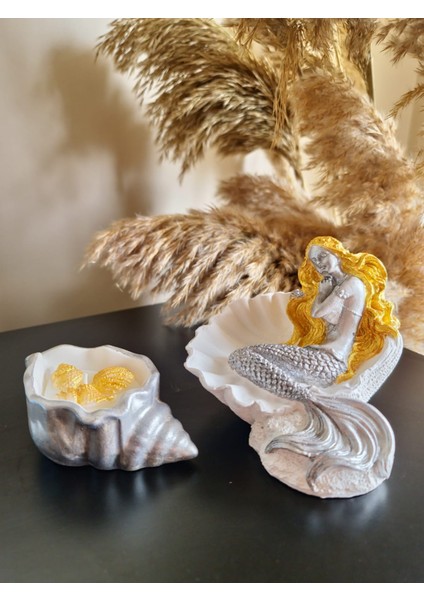 12 cm Dekoratif Deniz Kızı Obje + Deniz Kabuğu Mum (Parlak Detaylarıyla) modelleri