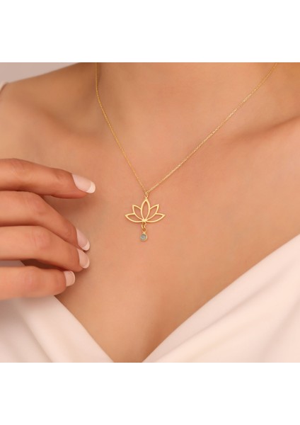 925 Ayar Gümüş Mavi Sallantılı Taşlı Lotus Kolye