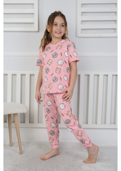 Kedi Baskılı Pembe Pamuk Kısa Kollu Kız Çocuk Pijama Takımı (3,4,5,6,7,8 Yaş)