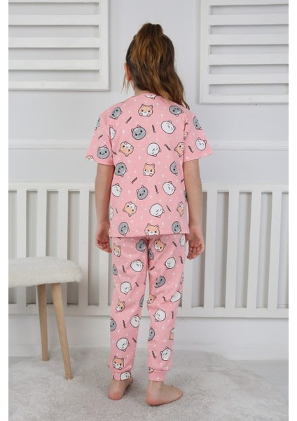 Kedi Baskılı Pembe Pamuk Kısa Kollu Kız Çocuk Pijama Takımı (3,4,5,6,7,8 Yaş) modelleri