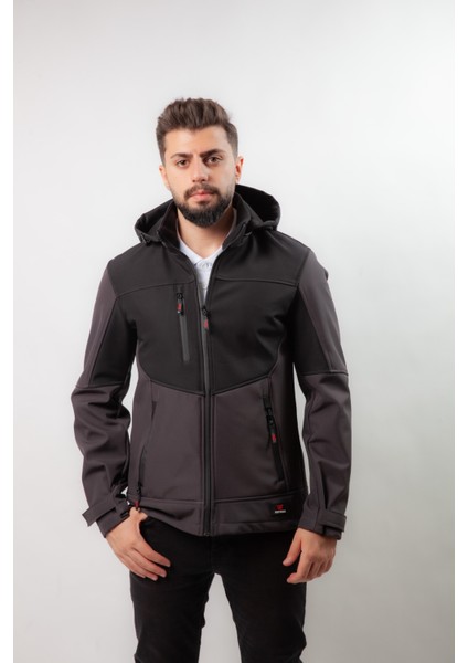 Drop Giyim Premium Robalı Softshell Mont Siyah Füme