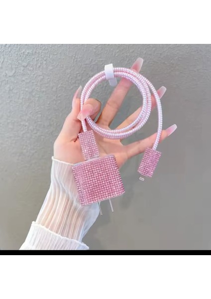 Pembe Taşlı Iphone 18/20/22 W Şarj Aleti Adaptörü ve Kablosu Koruma Seti