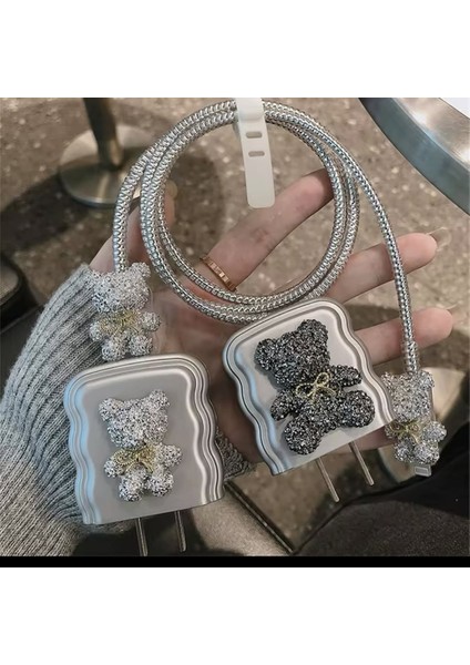 Siyah Ayıcıklı Apple iPhone 18/20/22 W Şarj Aleti Adaptörü ve Kablosu Koruma Seti