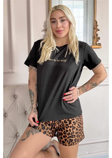 Siyah Born To Be Wild Leopar Desenli Kısa Kollu Şortlu Örme Kadın Pijama Takımı
