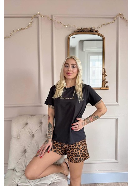 Siyah Born To Be Wild Leopar Desenli Kısa Kollu Şortlu Örme Kadın Pijama Takımı modelleri