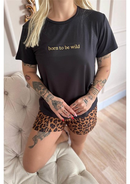Siyah Born To Be Wild Leopar Desenli Kısa Kollu Şortlu Örme Kadın Pijama Takımı