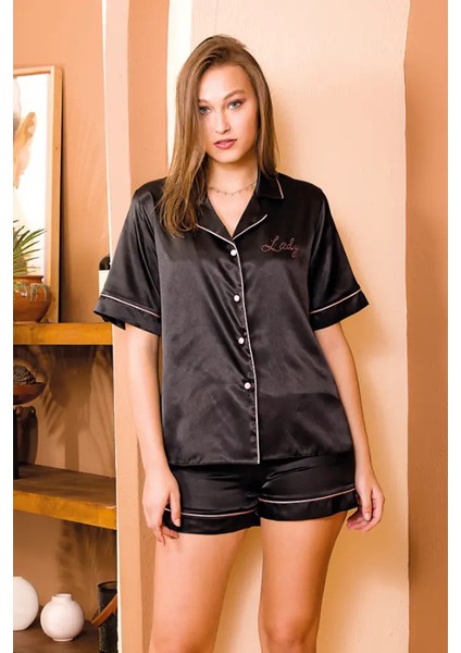 Siyah Saten Şortlu Pijama Takım