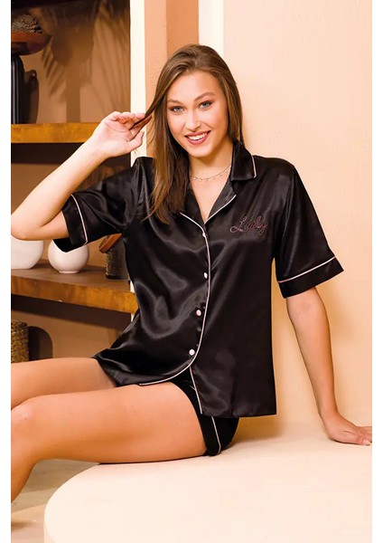 Siyah Saten Şortlu Pijama Takım