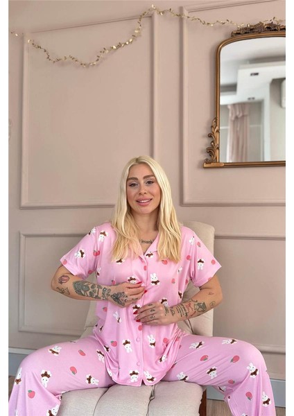 Açık Pembe Tavşan Desenli Bambu Önden Düğmeli Kısa Kol Pijama Takımı