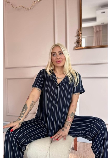 Lacivert Silhouette Desenli Bambu Önden Düğmeli Kısa Kol Pijama Takımı fırsatları