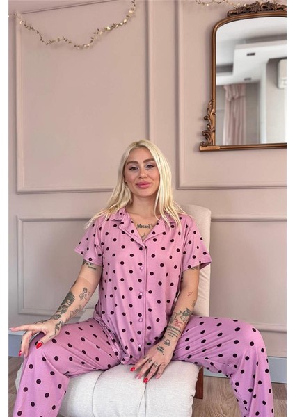 Pudra Royal Dots Desenli Bambu Önden Düğmeli Kısa Kol Pijama Takımı fiyatları