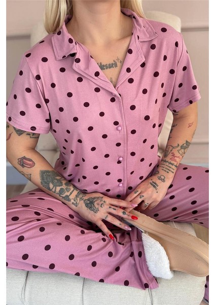 Pudra Royal Dots Desenli Bambu Önden Düğmeli Kısa Kol Pijama Takımı fırsatları