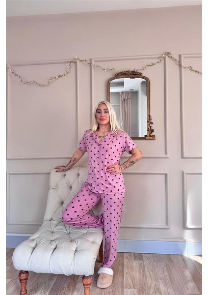 Pudra Royal Dots Desenli Bambu Önden Düğmeli Kısa Kol Pijama Takımı indirimleri