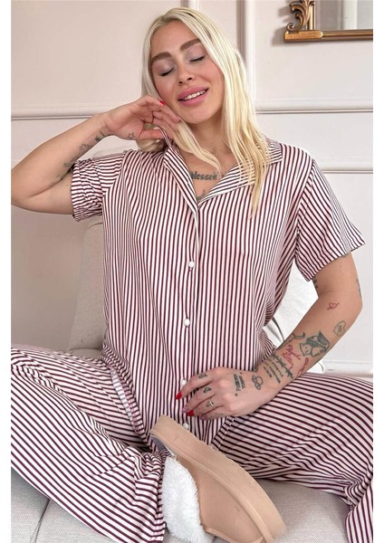 Mürdüm Silhouette Desenli Bambu Önden Düğmeli Kısa Kol Pijama Takımı