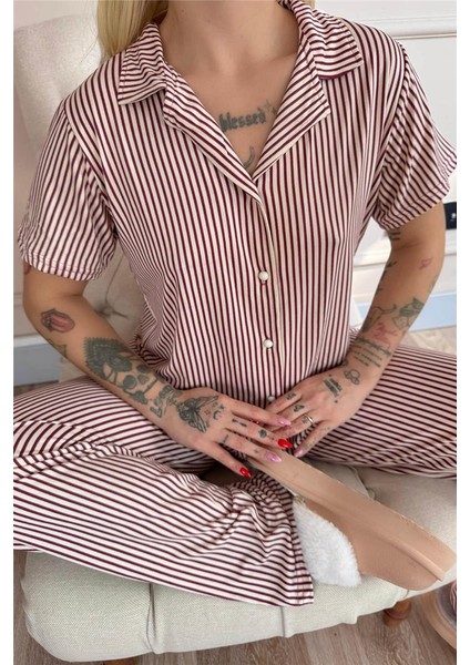 Mürdüm Silhouette Desenli Bambu Önden Düğmeli Kısa Kol Pijama Takımı indirimleri